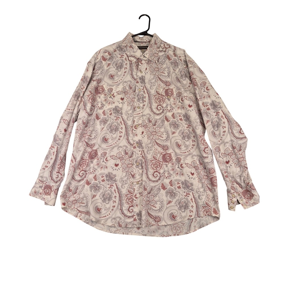 Stetson Mens 2XL Western Snap Shirt Floral Paisley‎ Long Sleeve Cotton Red Grey